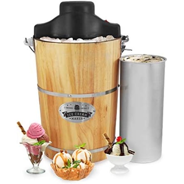 Elite Gourmet Old Fashioned 6 Quart Vintage Wood Bucket Electric Ice Cream Maker