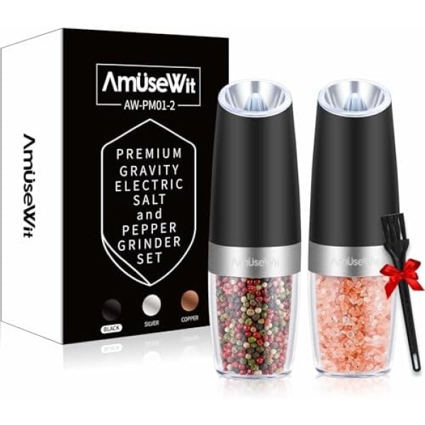 AmuseWit Gravity Electric Salt and Pepper Grinder Set of 2 [White Light] Battery
