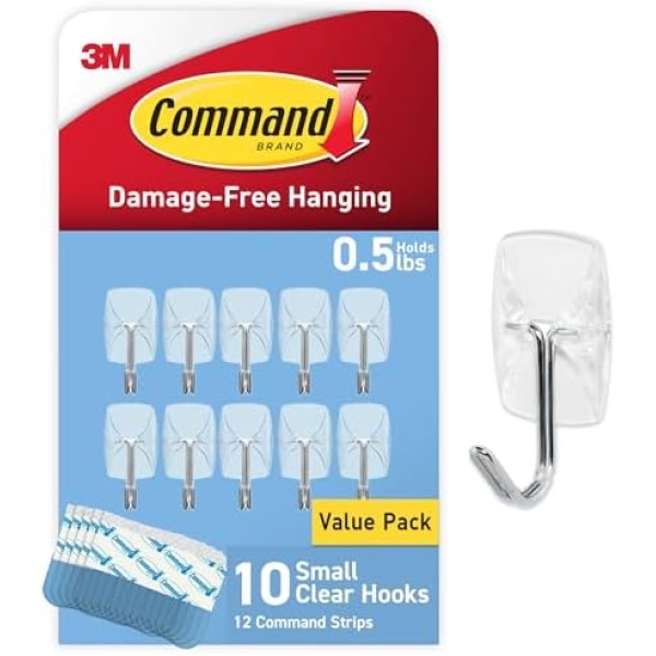 Command Small Clear Wire Toggle Hooks, 10 Hooks and 12 Command Strips