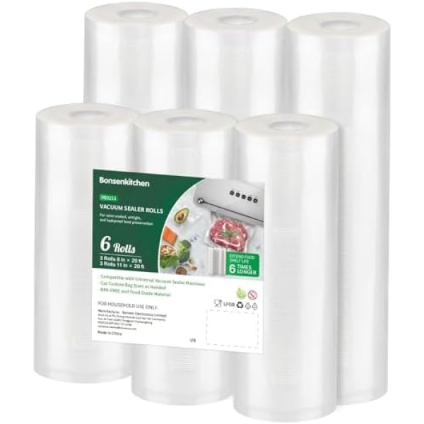 Bonsenkitchen Vacuum Sealer Rolls Bags, 6 Pack 3 Rolls 11" x 20' + 3 Rolls 8"