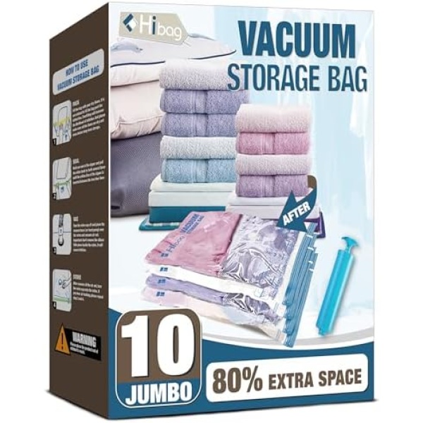 HIBAG Vacuum Storage Bags, 10 Jumbo Space Saver Vacuum Seal Bags