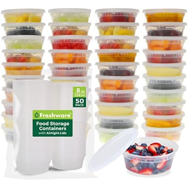 Freshware Food Storage Containers [50 Set] 8 oz Plastic Deli Containers